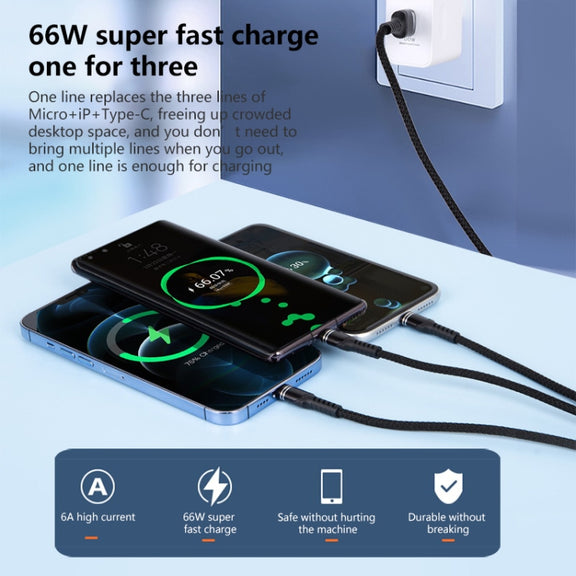 6A 66W 3 in 1 USB to 8 Pin + Micro USB + USB-C / Type-CFast Charging Braided Data Cable(Blue)