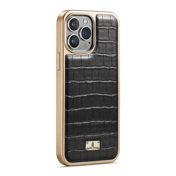 For iPhone 13 Pro Max Fierre Shann Crocodile Texture Electroplating PU Phone Case (Black)