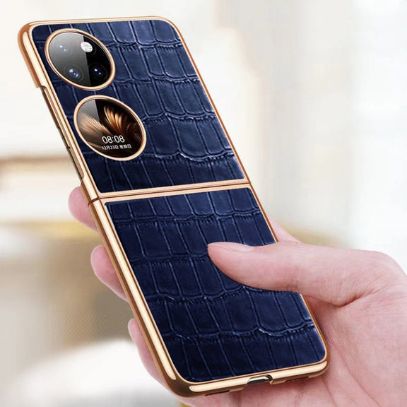 For Huawei P50 Pocket Genuine Leather Crocodile Texture Folding Phone Case(Black)