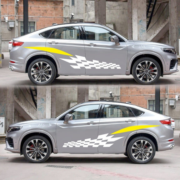 2 PCS/Set D-538 Checkered Totem Pattern Car Modified Decorative Sticker(White+Yellow)