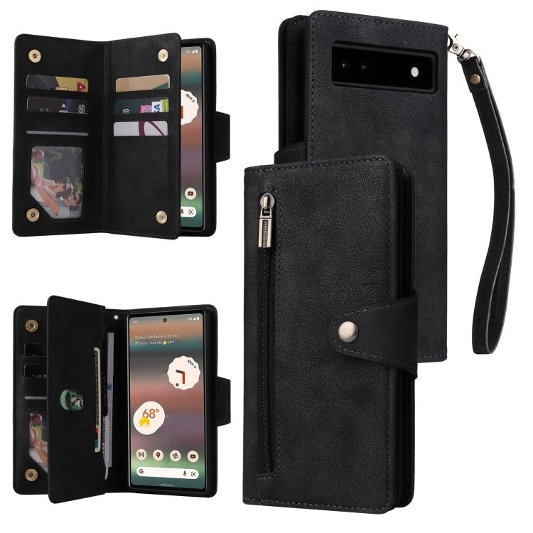 For Google Pixel 6a Rivet Buckle 9 Cards Three Fold Leather Phone Case(Black)