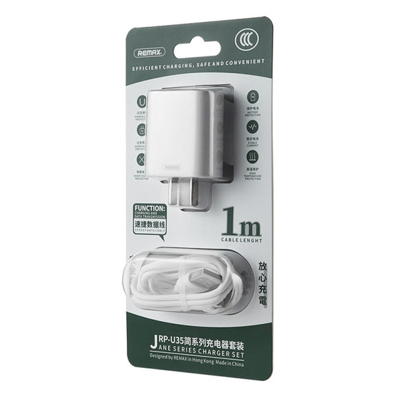 REMAX RP-U35 Jane Series 2.1A Dual USB Port Fast Charger Set, Cable:8 Pin(CN Plug)