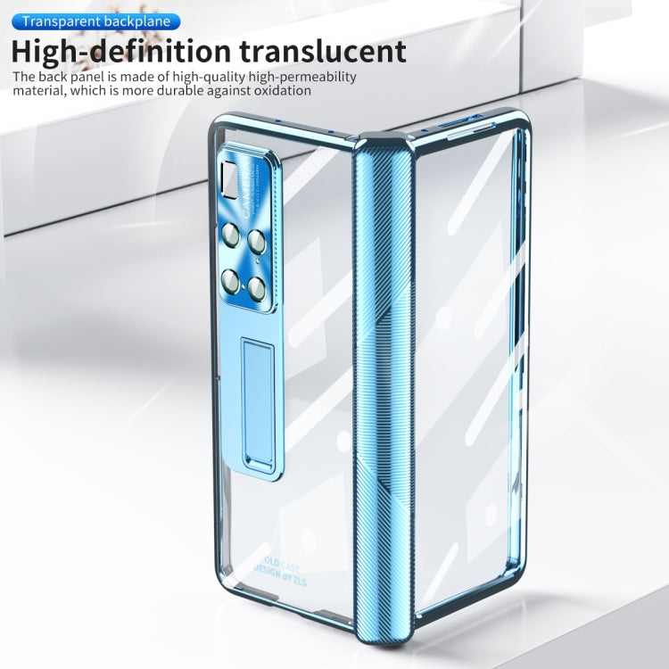 For Huawei Mate X2 Magnetic Hinges Plating Phone Case with Holder(Blue)