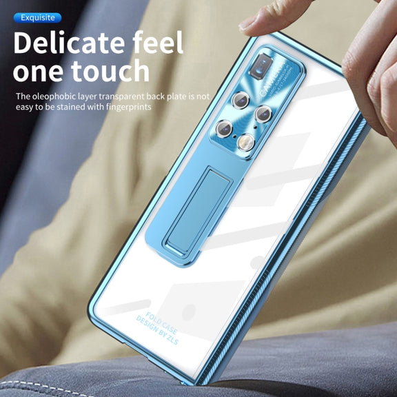 For Huawei Mate X2 Magnetic Hinges Plating Phone Case with Holder(Blue)