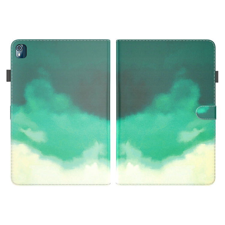 For Nokia T10 Watercolor Pattern Flip Leather Tablet Case(Cyan Green)