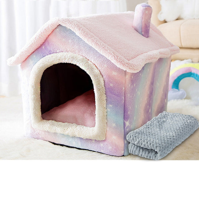 House Type Universal Removable and Washable Pet Dog Cat Bed Pet Supplies, Size:S(Pink Starry Sky + Blanket)