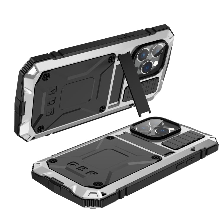 For iPhone 14 Pro R-JUST Shockproof Water-resistant Dust-proof Case with Holder(Silver)