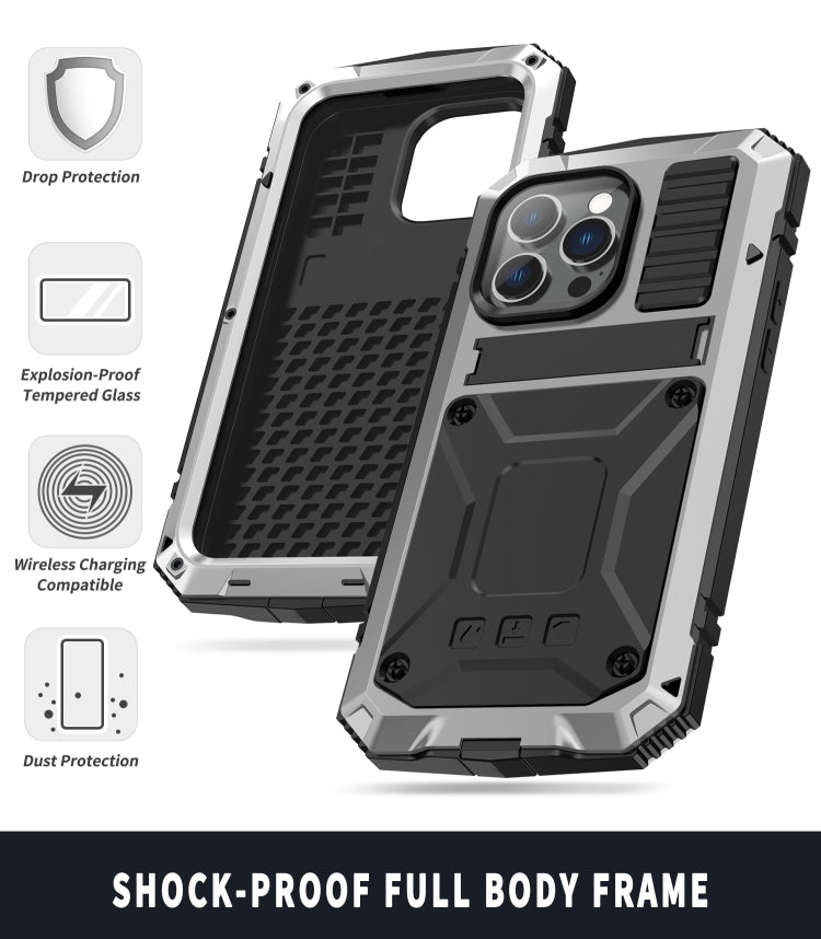 For iPhone 14 Pro R-JUST Shockproof Water-resistant Dust-proof Case with Holder(Silver)