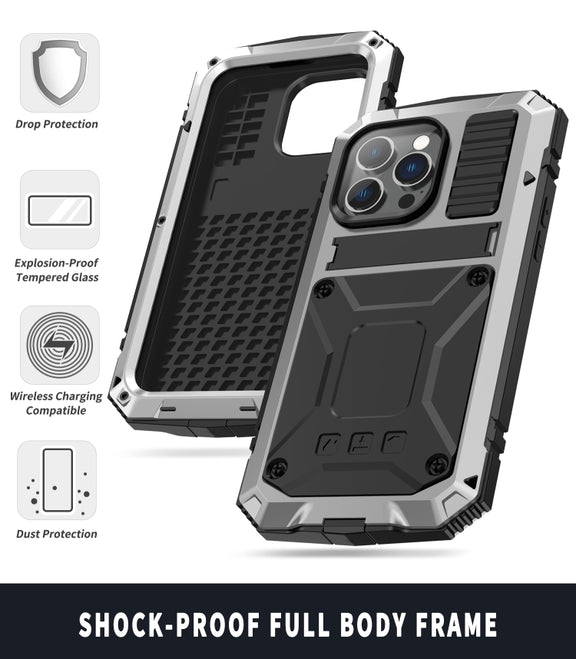For iPhone 14 Pro R-JUST Shockproof Water-resistant Dust-proof Case with Holder(Silver)