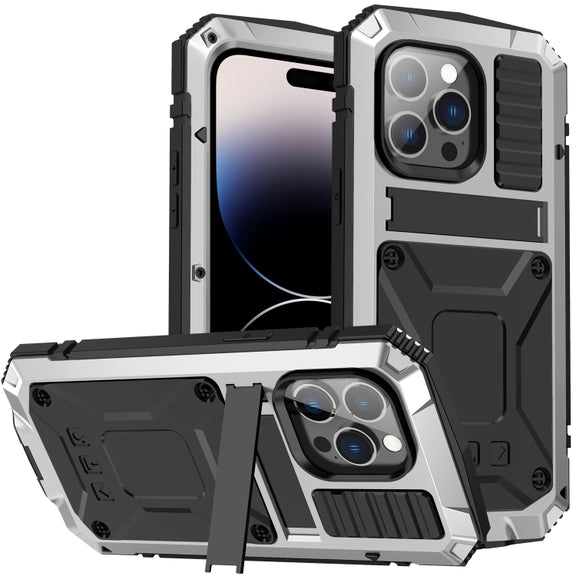 For iPhone 14 Pro R-JUST Shockproof Water-resistant Dust-proof Case with Holder(Silver)