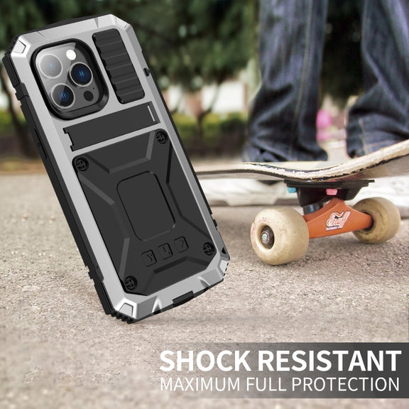 For iPhone 14 Pro R-JUST Shockproof Water-resistant Dust-proof Case with Holder(Silver)