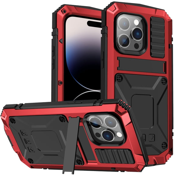For iPhone 14 Pro R-JUST Shockproof Water-resistant Dust-proof Case with Holder(Red)