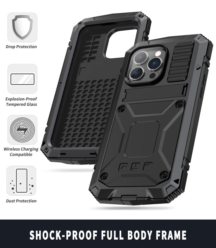 For iPhone 14 Pro R-JUST Shockproof Water-resistant Dust-proof Case with Holder(Black)