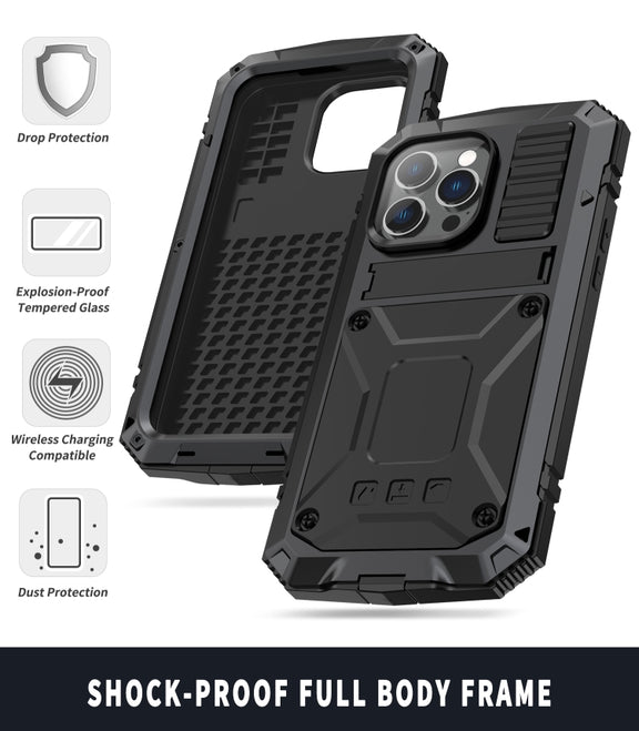 For iPhone 14 Pro R-JUST Shockproof Water-resistant Dust-proof Case with Holder(Black)