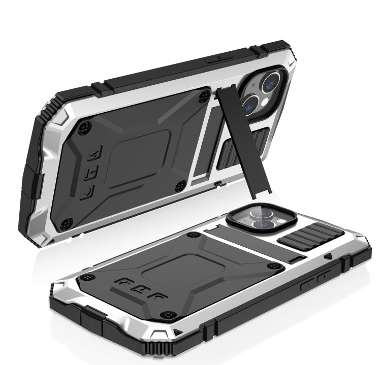 For iPhone 14 R-JUST Shockproof Water-resistant Dust-proof Case with Holder (Silver)