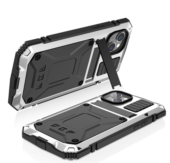 For iPhone 14 R-JUST Shockproof Water-resistant Dust-proof Case with Holder (Silver)
