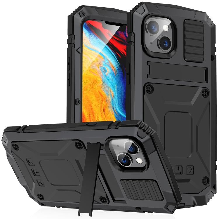 For iPhone 14 R-JUST Shockproof Water-resistant Dust-proof Case with Holder (Black)
