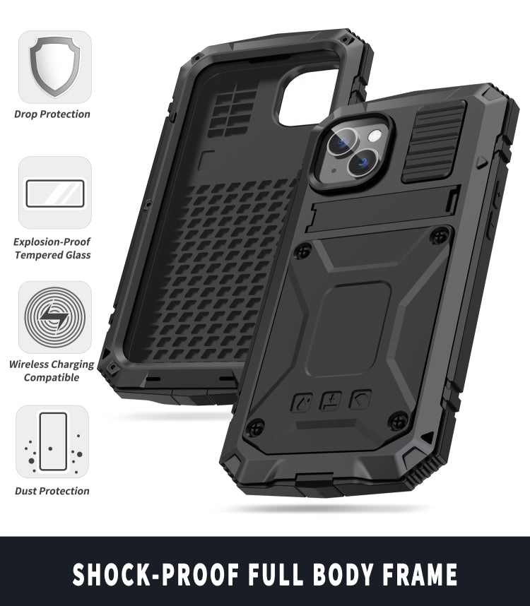 For iPhone 14 R-JUST Shockproof Water-resistant Dust-proof Case with Holder (Black)