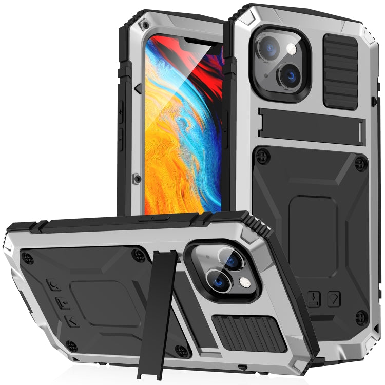 For iPhone 14 Plus R-JUST Shockproof Water-resistant Dust-proof Case with Holder (Silver)