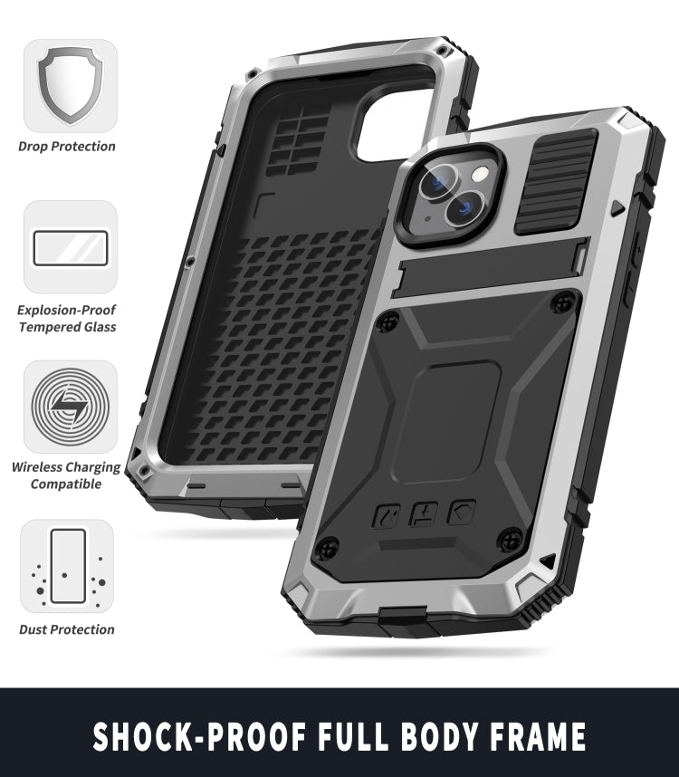 For iPhone 14 Plus R-JUST Shockproof Water-resistant Dust-proof Case with Holder (Silver)
