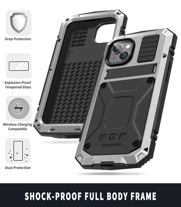 For iPhone 14 Plus R-JUST Shockproof Water-resistant Dust-proof Case with Holder (Silver)