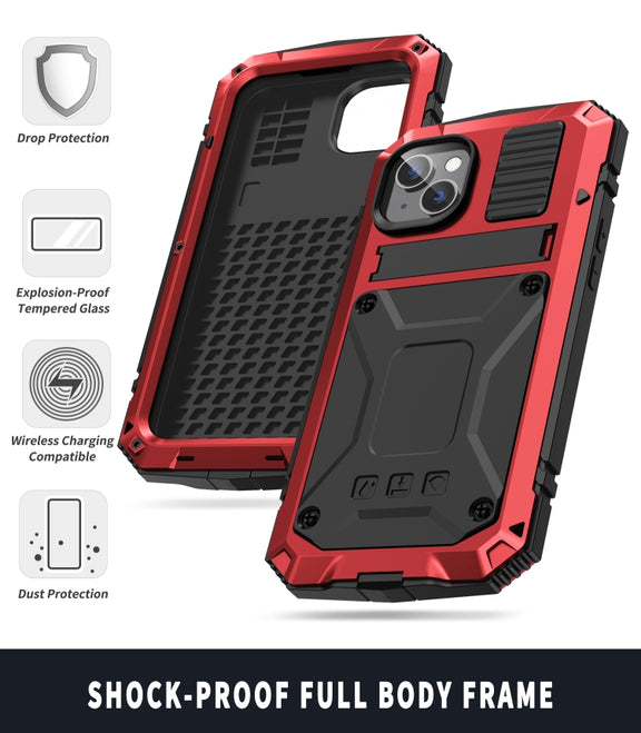 For iPhone 14 Plus R-JUST Shockproof Water-resistant Dust-proof Case with Holder (Red)