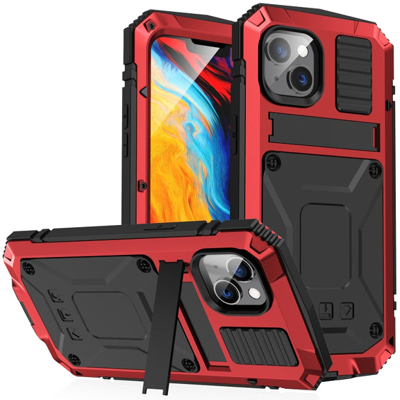 For iPhone 14 Plus R-JUST Shockproof Water-resistant Dust-proof Case with Holder (Red)