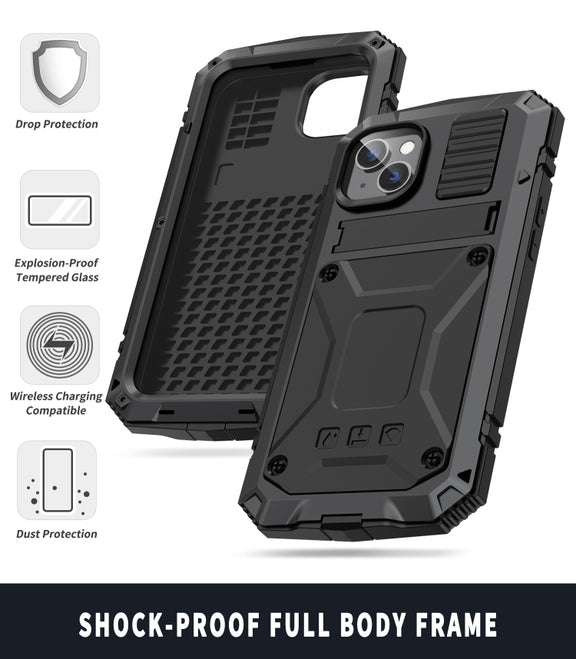 For iPhone 14 Plus R-JUST Shockproof Water-resistant Dust-proof Case with Holder (Black)