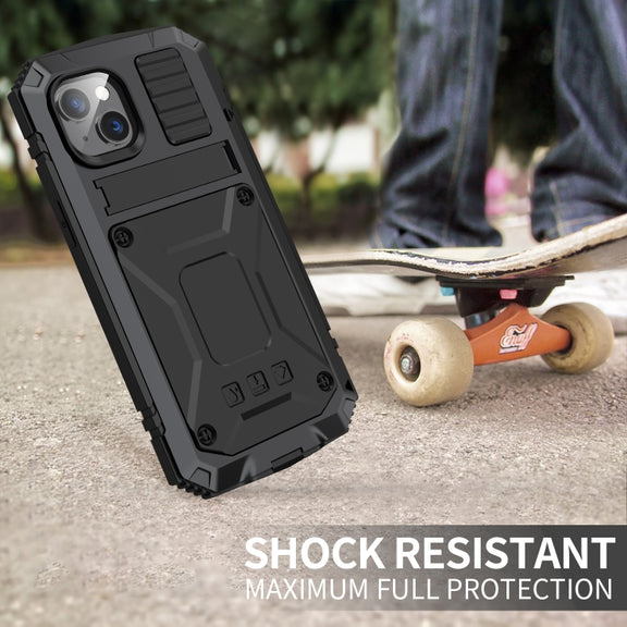 For iPhone 14 Plus R-JUST Shockproof Water-resistant Dust-proof Case with Holder (Black)