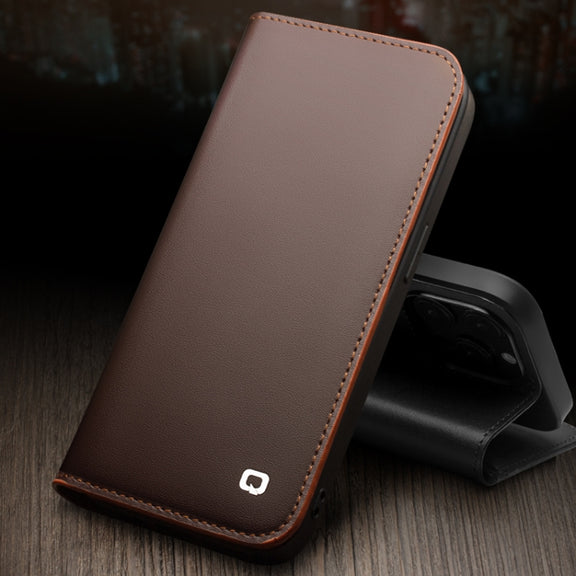 For iPhone 14 Pro QIALINO Business Horizontal Flip PU Phone Case(Brown)