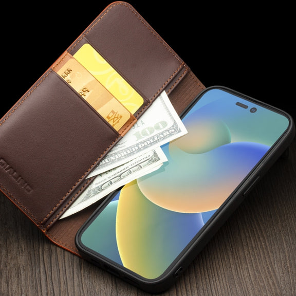 For iPhone 14 Pro Max QIALINO Business Horizontal Flip PU Phone Case (Brown)