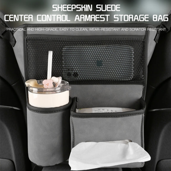 Car Center Console Hanging Bag Sheepskin Leather Storage Bag(Black)