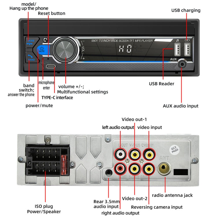 9901 7 inch Car  Retractable MP5 Player Supports FM & Mobile Phone Internet