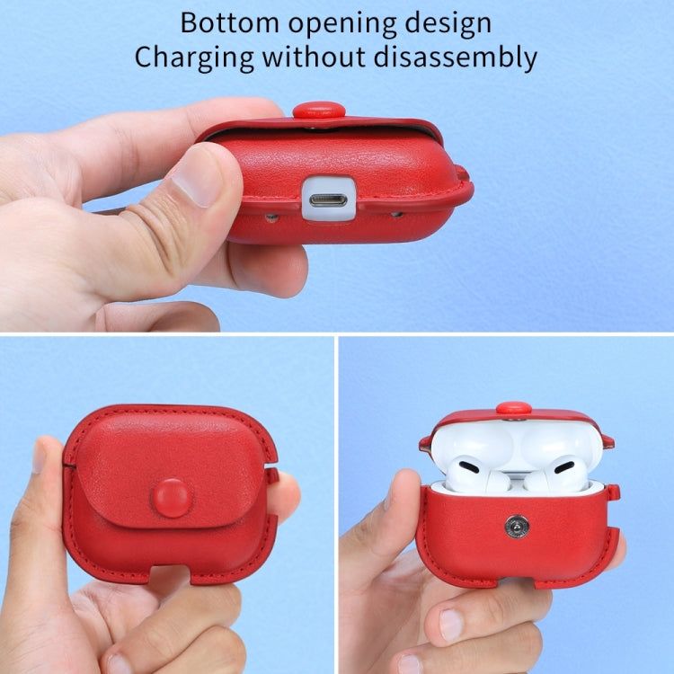 For AirPods Pro 2 Litchi Texture PU Leather Earphone Protective Case with Hook(Red)