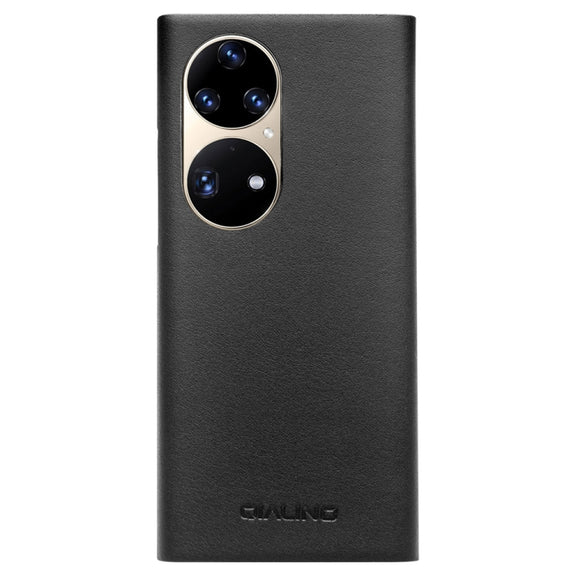 For Huawei P50 QIALINO Magnetic Side Window View Genuine Leather Smart Phone Case(Black)