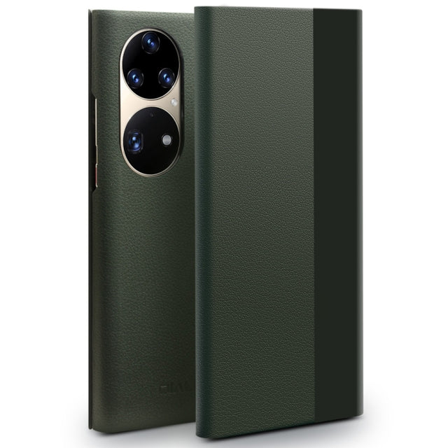 For Huawei P50 QIALINO Magnetic Side Window View Genuine Leather Smart Phone Case(Green)