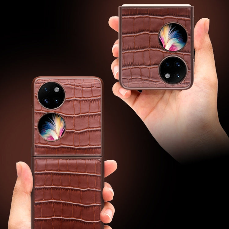 For Huawei P50 Pocket QIALINO Crocodile Pattern Genuine Leather Phone Case(Brown)