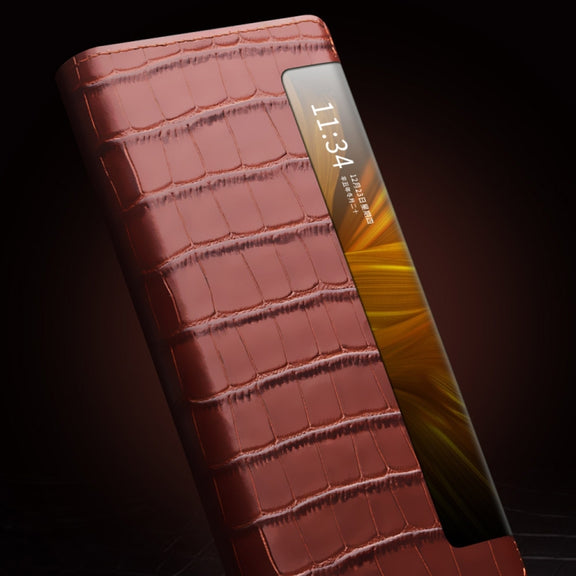 For Huawei Mate X2 QIALINO Crocodile Pattern Side Window View Genuine Leather Phone Case(Brown)
