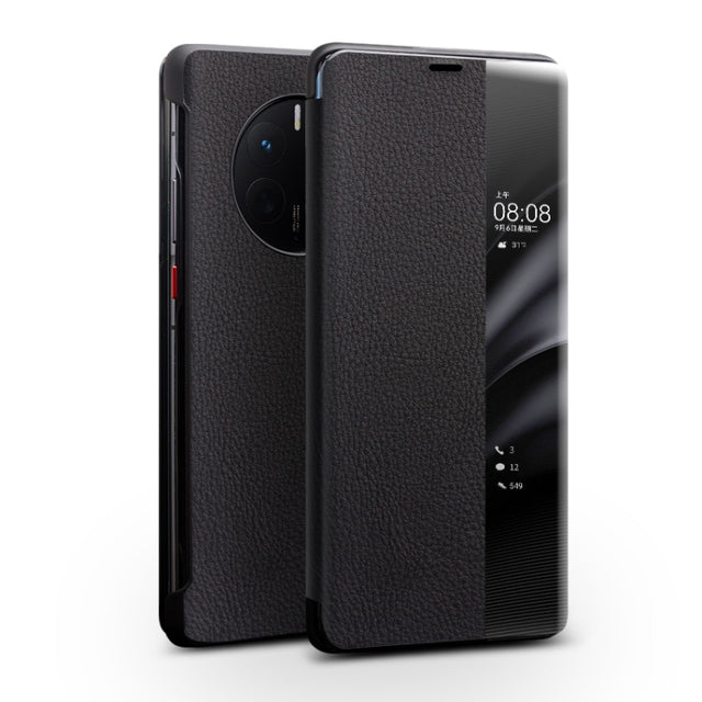 For Huawei Mate 50 QIALINO Genuine Leather Side Window View Smart Phone Case(Black)