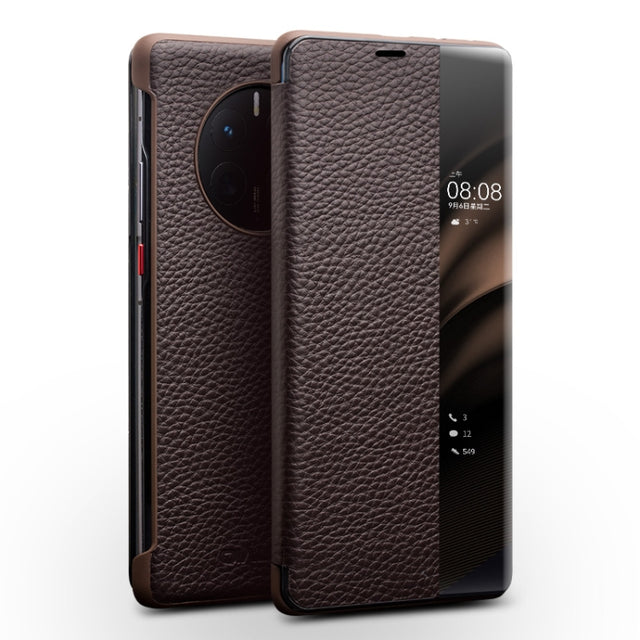 For Huawei Mate 50 QIALINO Genuine Leather Side Window View Smart Phone Case(Brown)