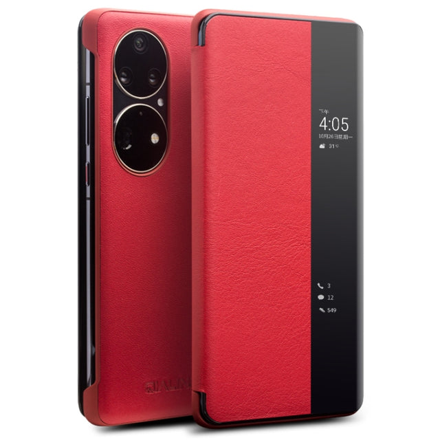 For Huawei P50 QIALINO Genuine Leather Side Window View Smart Phone Case(Red)
