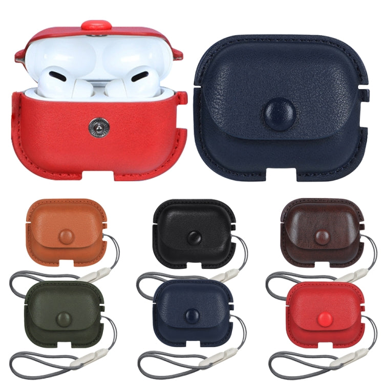 For AirPods Pro 2 Litchi Texture PU Leather Earphone Protective Case with Lanyard(Red)