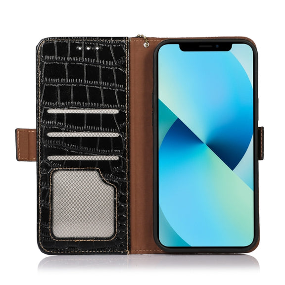 For Motorola Moto E22/E22i Crocodile Top Layer Cowhide Leather Phone Case(Black)