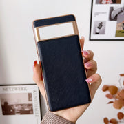 For Google Pixel 6 Pro Nano Electroplating Cross Texture Genuine Leather Phone Case(Blue)