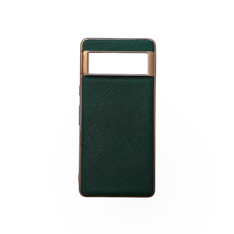 For Google Pixel 6 Pro Nano Electroplating Cross Texture Genuine Leather Phone Case(Green)