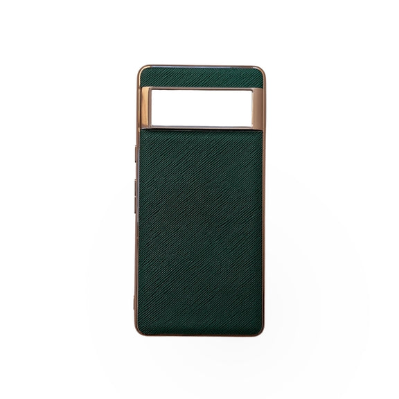 For Google Pixel 6 Pro Nano Electroplating Cross Texture Genuine Leather Phone Case(Green)