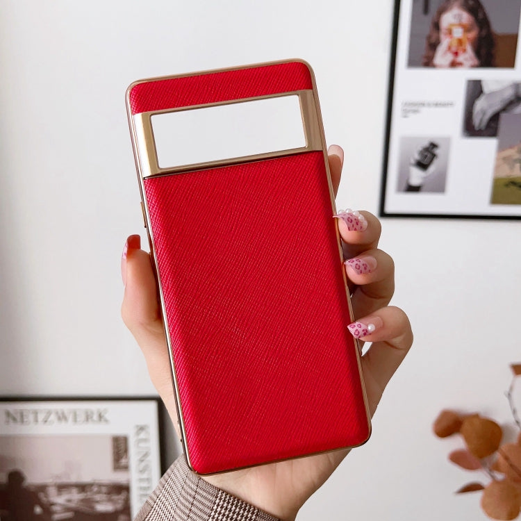 For Google Pixel 6 Pro Nano Electroplating Cross Texture Genuine Leather Phone Case(Red)