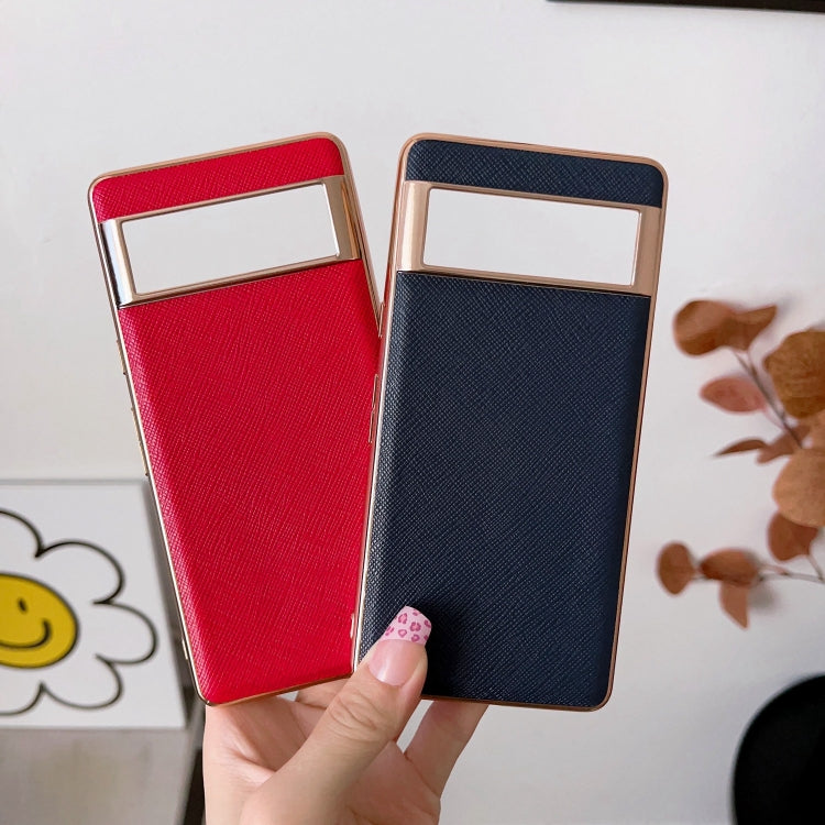 For Google Pixel 6 Pro Nano Electroplating Cross Texture Genuine Leather Phone Case(Red)
