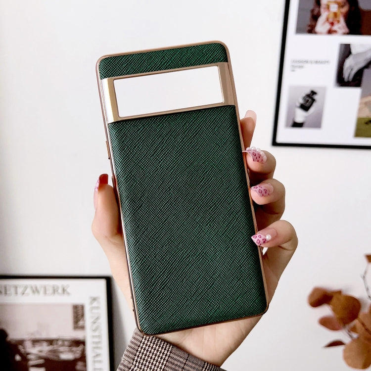 For Google Pixel 6 Nano Electroplating Cross Texture Genuine Leather Phone Case(Green)