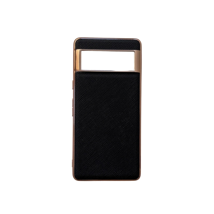 For Google Pixel 6 Nano Electroplating Cross Texture Genuine Leather Phone Case(Black)